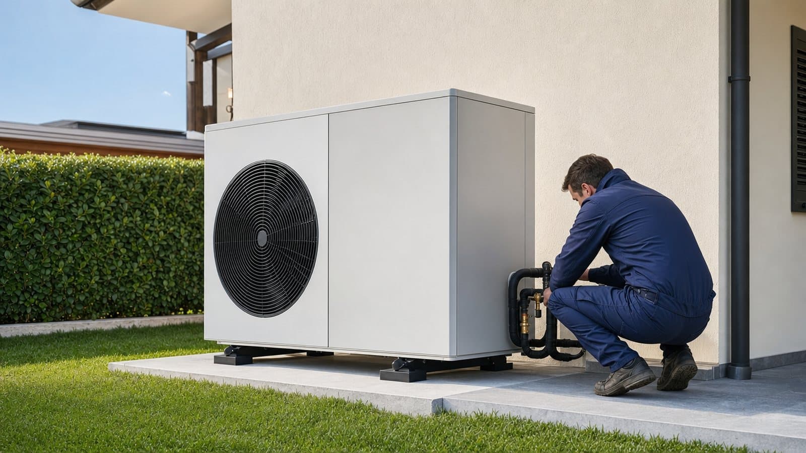 Pompa di calore installata a bordo di una villetta: è la macchina che alimenta un impianto radiante a pavimento