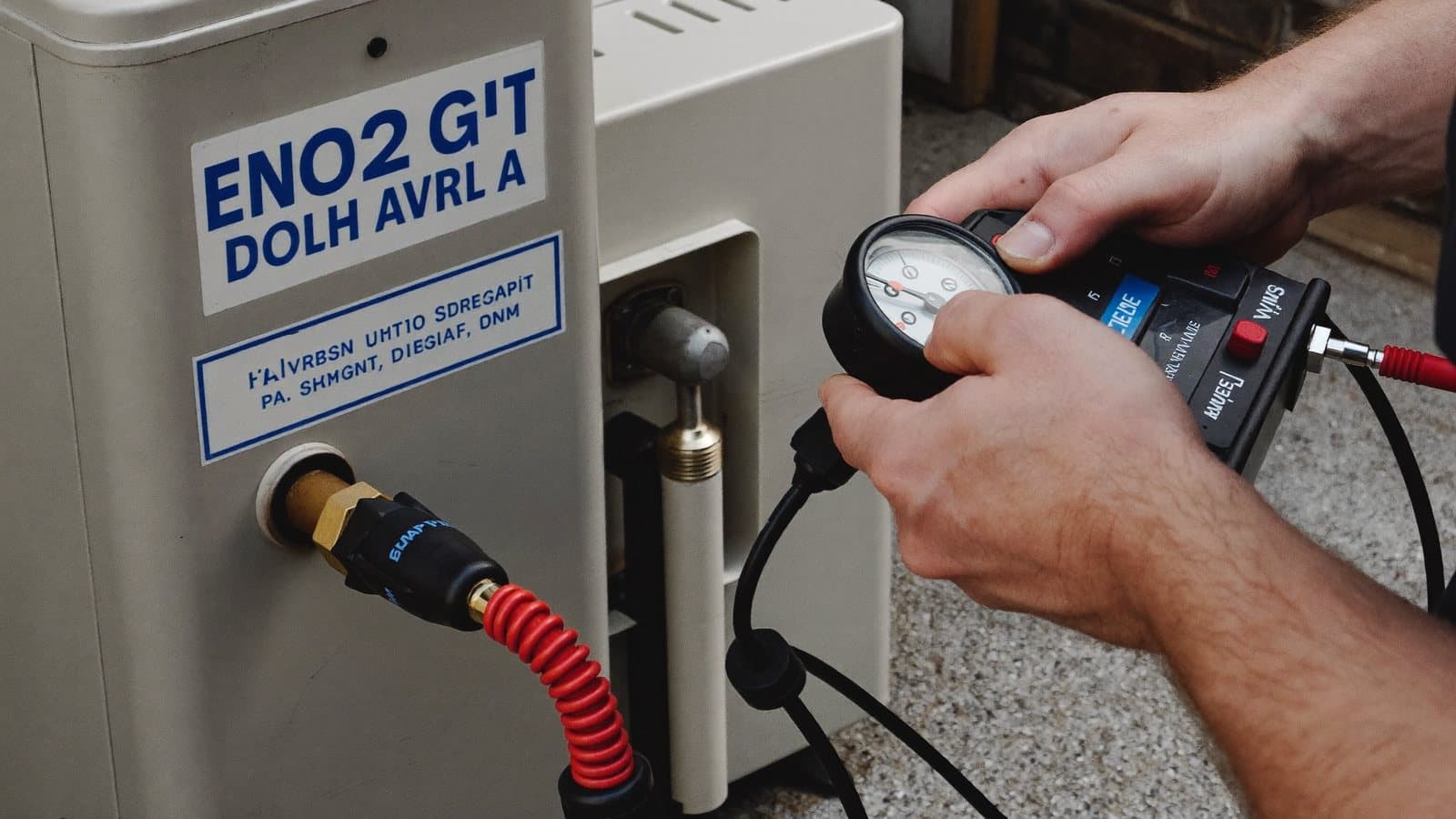 Tecnico che collauda una pompa di calore con il gruppo manometrico