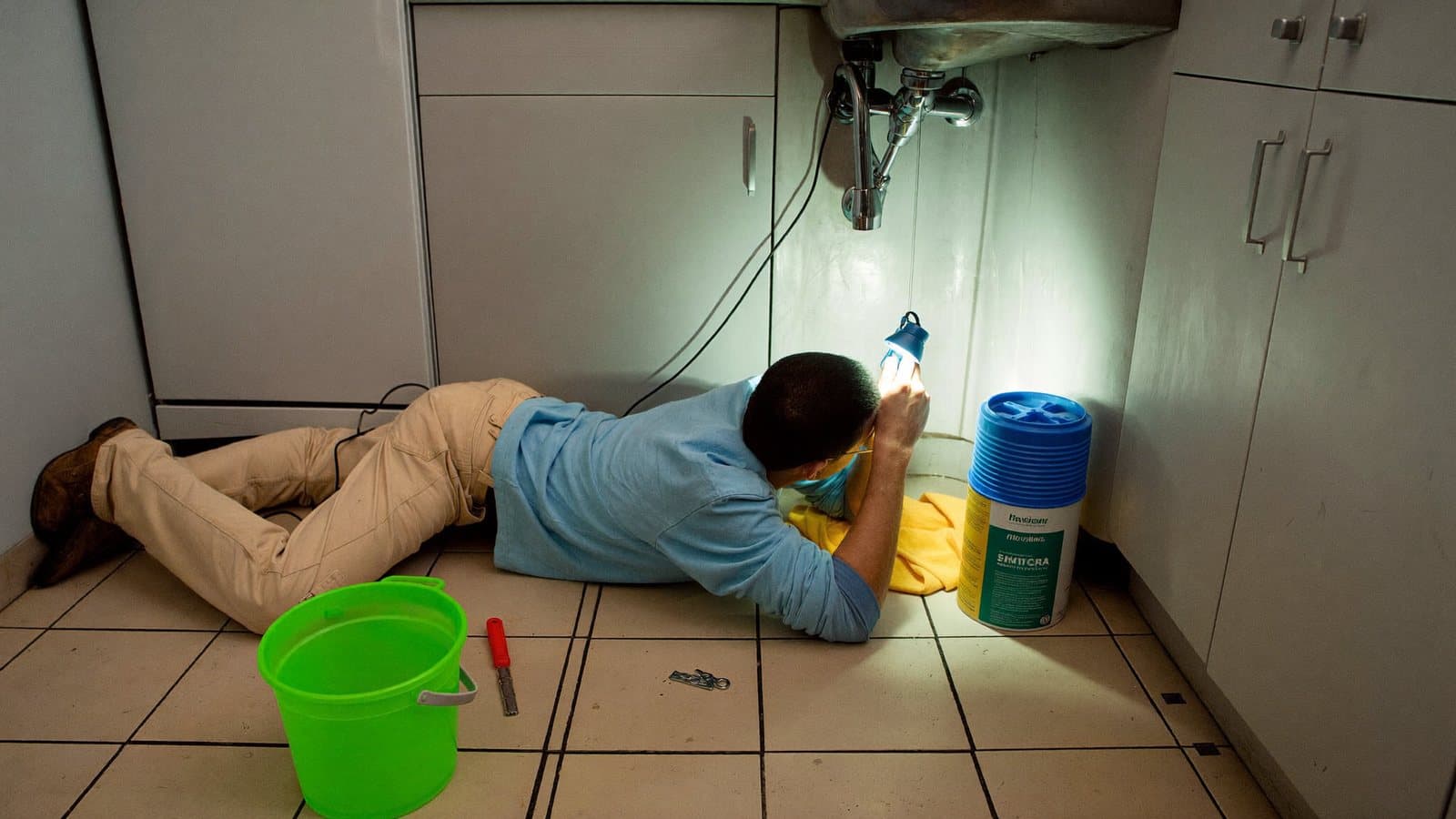 Idraulico che ripara una perdita nel sifone sotto il lavello